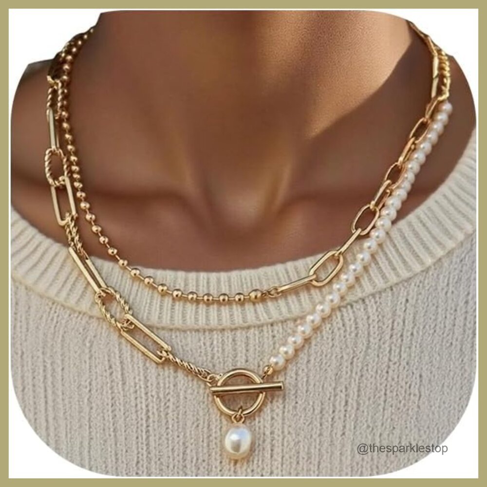 14K Gold Plated Layered Pearl Chain Necklace with Toggle Clasp